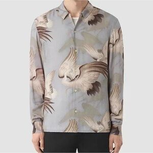 ALLSAINTS Waders Japanese Crane Bird All Over Print Shirt Mens S Button Up Soft